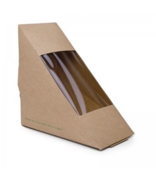 Sandwichbox kraftpapier/PLA met venster 72(b) x 123(d) x 123(h) mm - Vegware | prijs & verp per 500 stuks