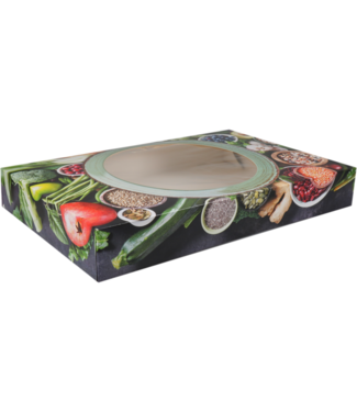 Cateringdoos karton/PP 557 x 376 x 80 mm "Green Dish" met venster | prijs & verp per 40 stuks