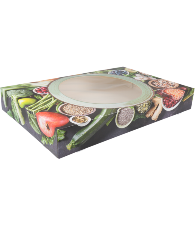 Cateringdoos karton/PP 557 x 376 x 80 mm "Green Dish" met venster | prijs & verp per 10 stuks