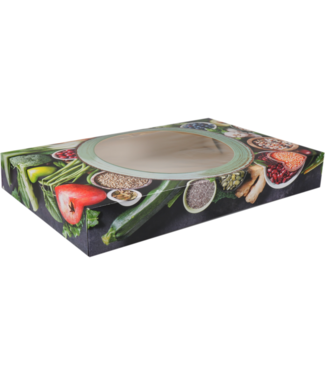 Cateringdoos karton/PP 464 x 313 x 80 mm "Green Dish" met venster | prijs & verp per 50 stuks