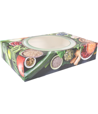 Cateringdoos karton/PP 357 x 247 x 80 mm "Green Dish" met venster | prijs & verp per 100 stuks