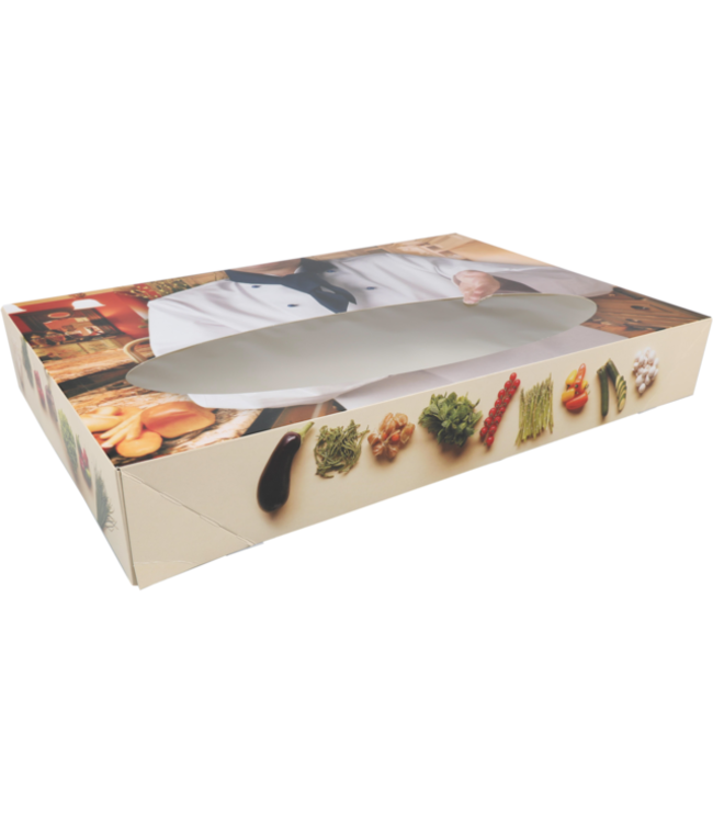 Cateringdoos karton 460 x 310 x 80 mm "Bon appetit" met venster | prijs & verp per 10 stuks