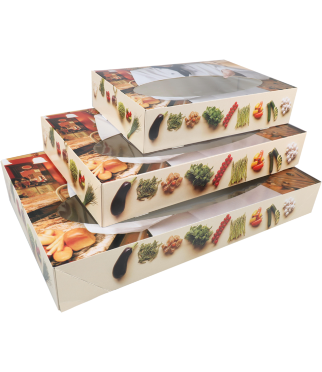 Cateringdoos karton 460 x 310 x 80 mm "Bon appetit" met venster | prijs & verp per 10 stuks