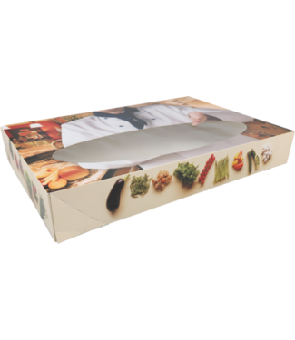 Cateringdoos karton 358 x 250 x 76 mm "Bon appetit" met venster | prijs & verp per 10 stuks