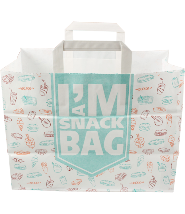 Tas papier 32/16x27 cm (b/dxh) 70gr/m² snacktas I'M a snack bag wit platte greep | prijs & verp per 250 stuks