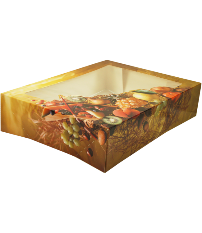 Cateringdoos karton/PLA 260 x 220 x 75 mm "Fruit" met venster | prijs & verp per 50 stuks