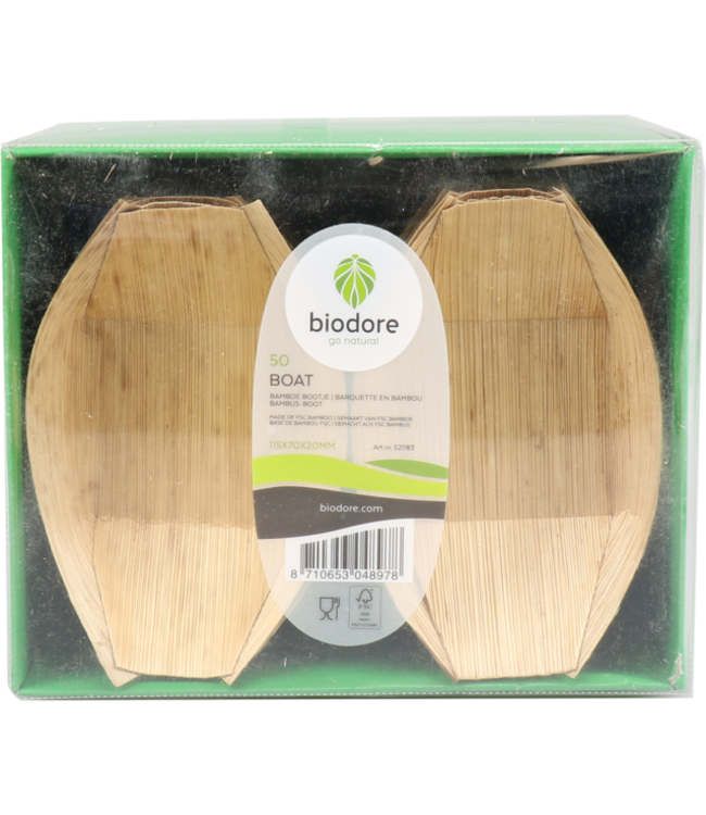 Sausbakje disp 120 x 60 x (h) 30 mm fingerfood amuse bootje naturel bamboe - Biodore | prijs & verp per 50 stuks