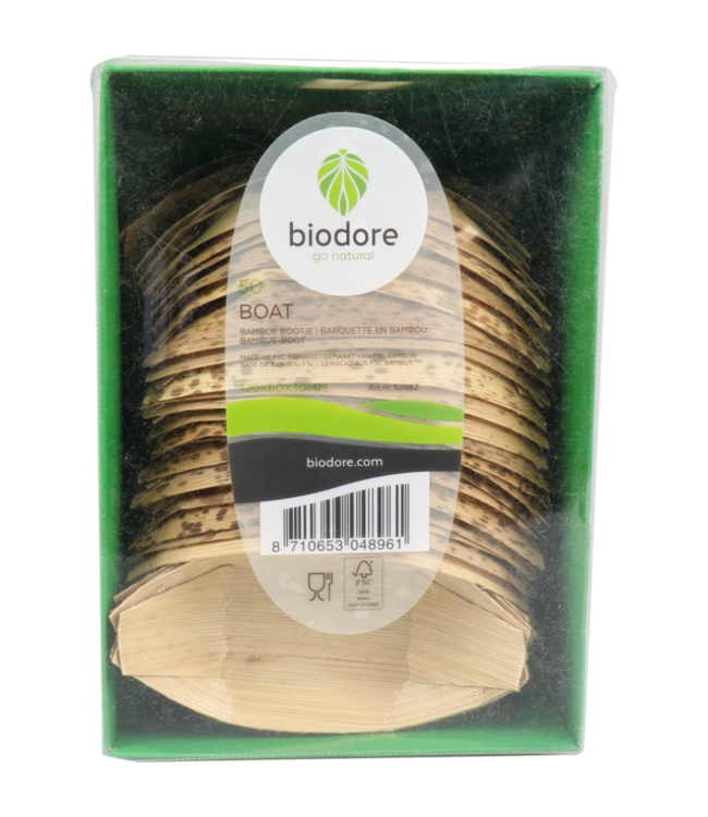 Sausbakje disp 120 x 60 x (h) 30 mm fingerfood amuse bootje naturel bamboe - Biodore | prijs & verp per 50 stuks