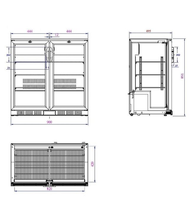 Barkoeler 198 ltr netto inh. 900 x 520 x 850 mm (bxdxh) 2 deuren zwart - Combisteel
