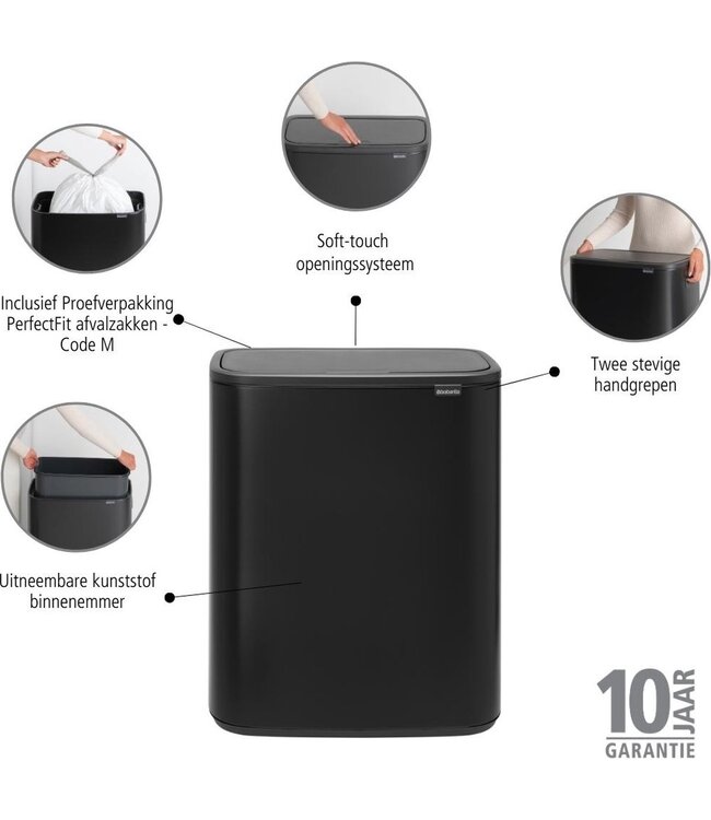 Prullenbak 60 ltr Matt Black Bo Touch Bin - Brabantia