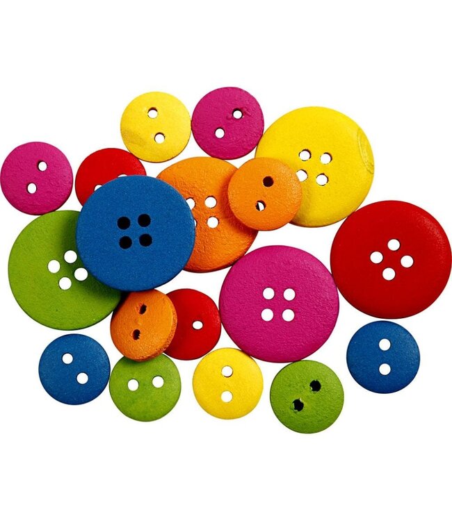 Houten knopen, d: 12-20 mm, kleuren assorti, 2-4 gaten 360 stus assorti