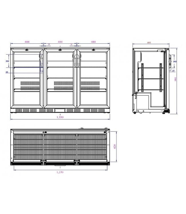 Barkoeler 330 ltr netto inh. 1350 x 520 x 900 mm (bxdxh) 3 deuren zwart - Combisteel