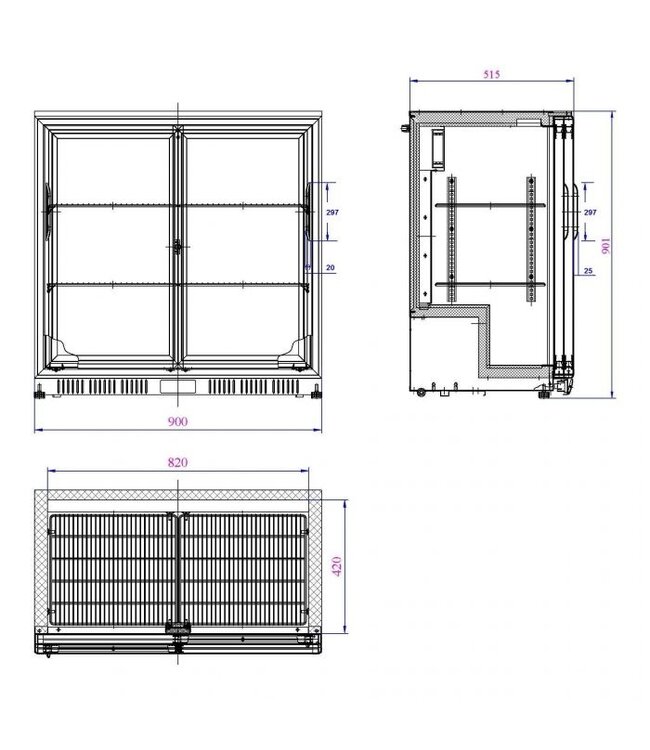Barkoeler 208 ltr netto inh. 900 x 520 x 900 mm (bxdxh) 2 schuifdeuren zwart - Combisteel