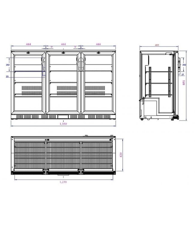 Barkoeler 320 ltr netto inh. 1350 x 520 x 850 mm (bxdxh) 3 deuren zwart - Combisteel