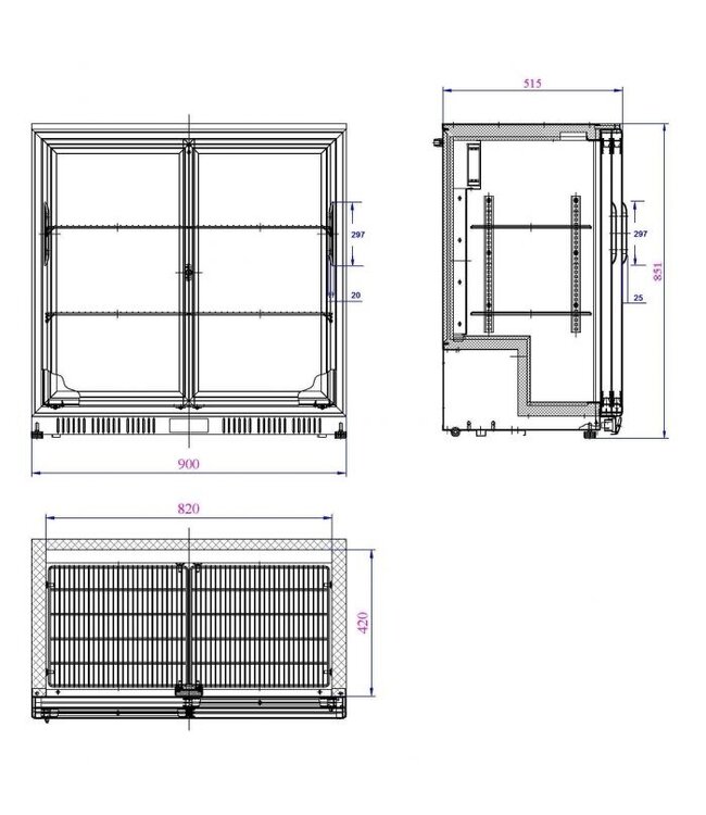 Barkoeler 198 ltr netto inh. 900 x 520 x 850 mm (bxdxh) 2 schuifdeuren zwart - Combisteel