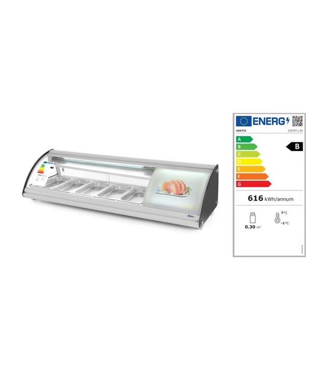 Sushivitrine 5x GN 1/3 1307x450x330 (bxdxh) 3°C tot 7°C - Arktic