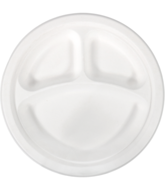 Bord disp suikerriet 26 cm Ø wit 3-vaks | prijs & verp per 50 stuks
