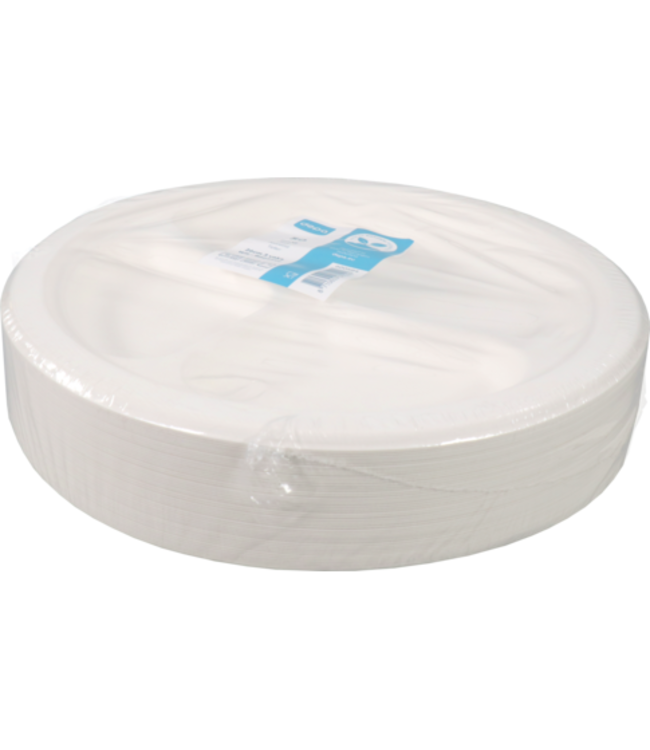 Bord disp suikerriet 26 cm Ø wit 3-vaks | prijs & verp per 50 stuks