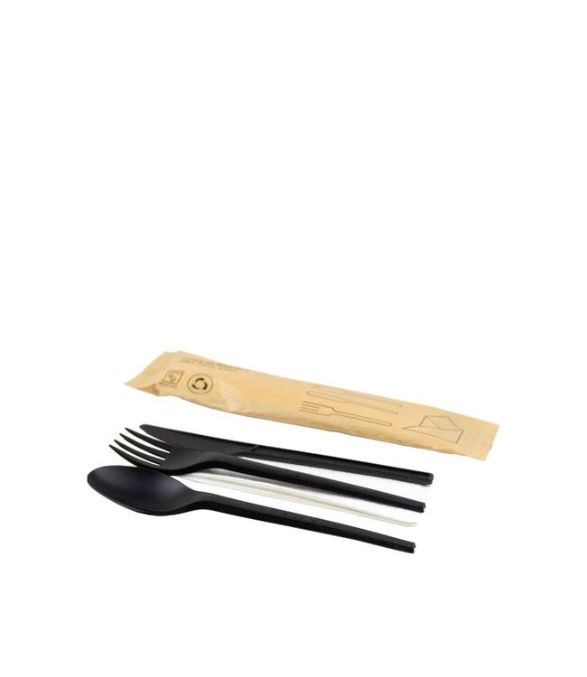 Bestekset Re-usable CPLA zwart mes/vork/lepel/servet| prijs & verp per 250 stuks