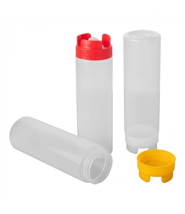 Doseer knijpfles 72 cl transparant met gele dop en non-drip doseersysteem en maatverdeling