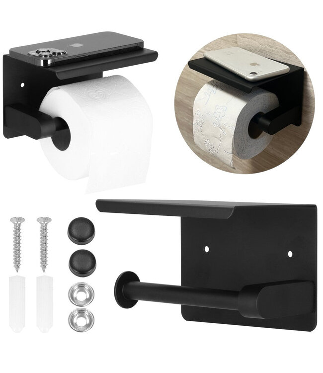 Toiletrolhouder met plank zwart - Staal