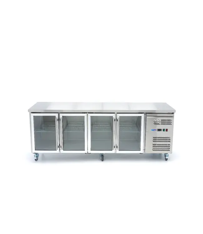Koelwerkbank 223x70x86 cm (bxdxh) 2°C tot +10°­C 4 glasdeuren - Maxima