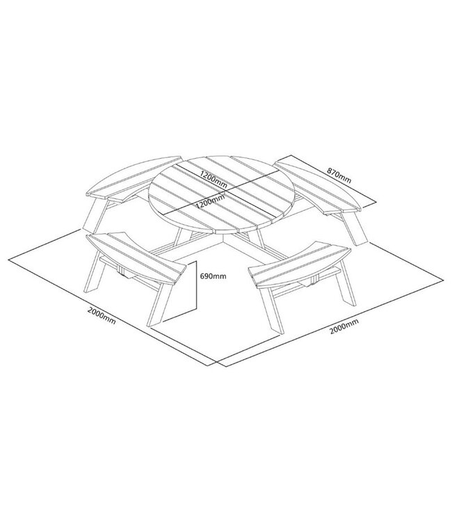 Picknicktafel rond Ø200x(h)72 cm hout max 8 personen