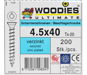 Woodies Ultimate Woodies scharnierschroeven 4.5x40 verzinkt T-20 200 stuks