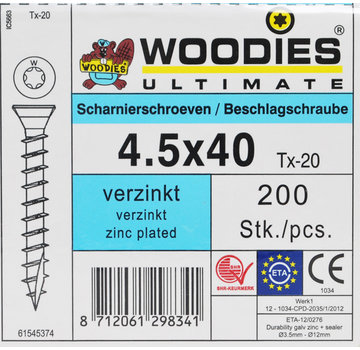 Woodies Ultimate Woodies scharnierschroeven 4.5x40 verzinkt T-20 200 stuks