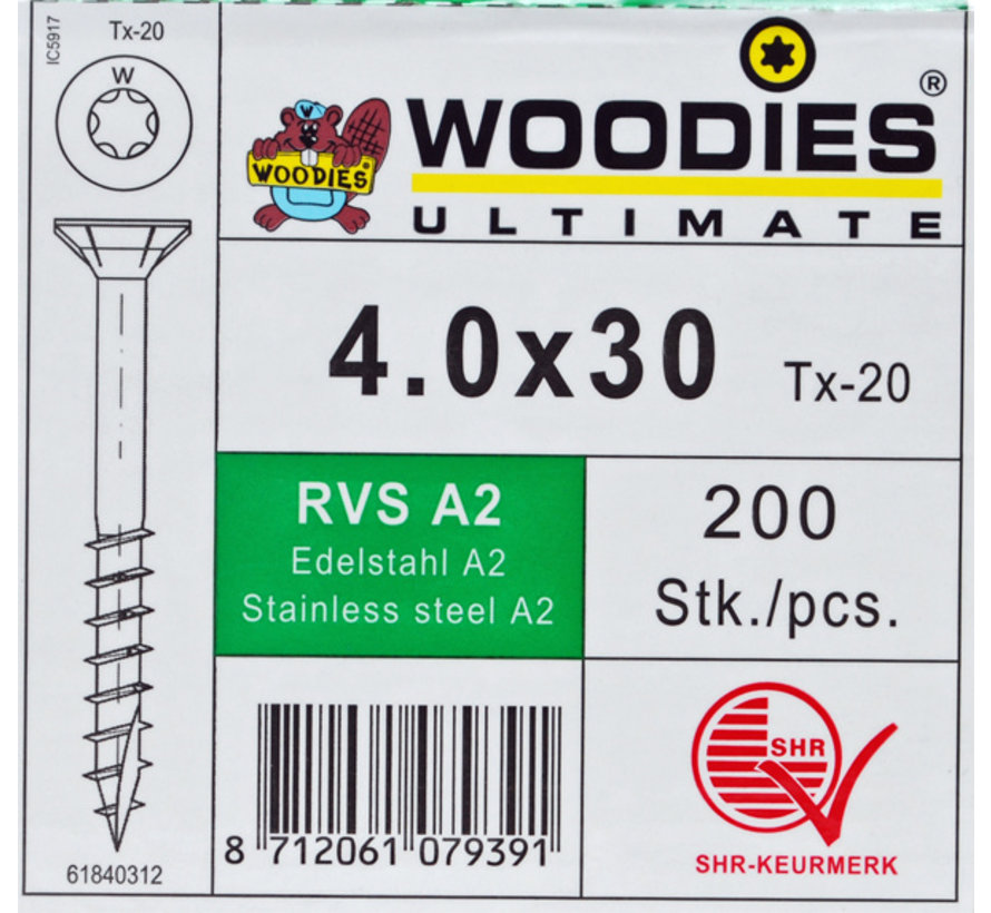 Woodies schroeven 4.0x30 RVS A2 T-20 deeldraad 200 stuks