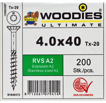 Woodies Ultimate Woodies schroeven 4.0x40 RVS A2 T-20 deeldraad 200 stuks