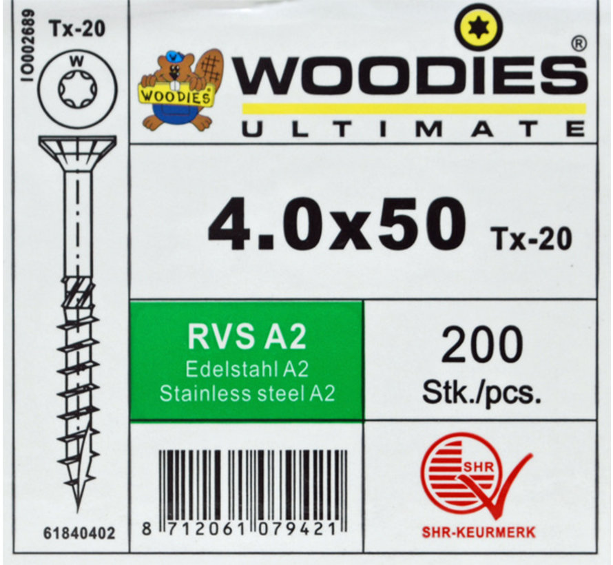 Woodies schroeven 4.0x50 RVS A2 T-20 deeldraad 200 stuks