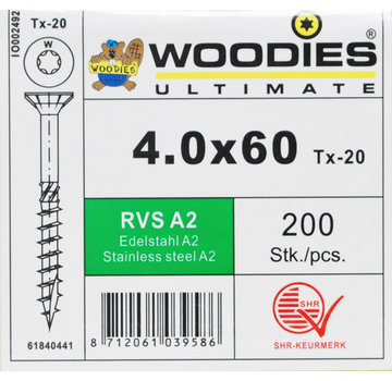 Woodies Ultimate Woodies schroeven 4.0x60 RVS A2 T-20 deeldraad 200 stuks