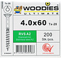 Woodies schroeven 4.0x60 RVS A2 T-20 deeldraad 200 stuks