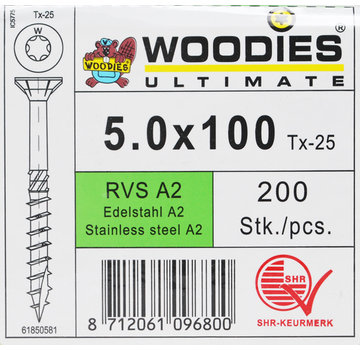 Woodies Ultimate Woodies schroeven 5.0x100 RVS A2 T-25 deeldraad 200 stuks