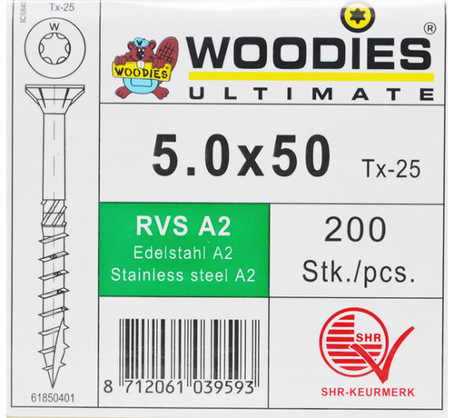 Woodies Ultimate Woodies schroeven 5.0x50 RVS A2 T-25 deeldraad 200 stuks