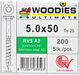 Woodies schroeven 5.0x50 RVS A2 T-25 deeldraad 200 stuks