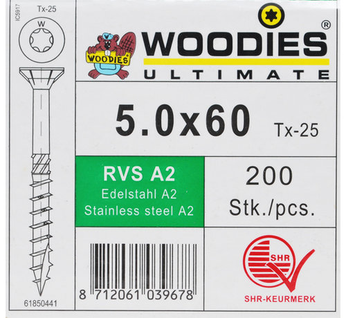 Woodies Ultimate Woodies schroeven 5.0x60 RVS A2 T-25 deeldraad 200 stuks