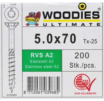 Woodies Ultimate Woodies schroeven 5.0x70 RVS A2 T-25 deeldraad 200 stuks