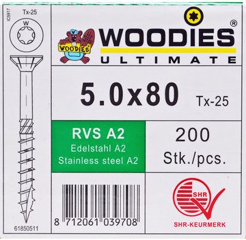 Woodies Ultimate Woodies schroeven 5.0x80 RVS A2 T-25 deeldraad 200 stuks