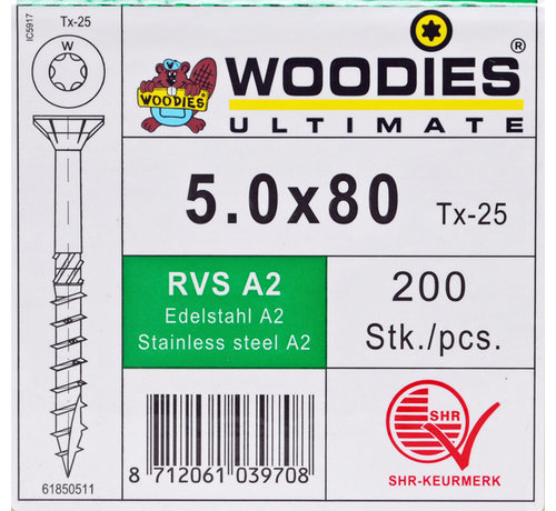 Woodies Ultimate Woodies schroeven 5.0x80 RVS A2 T-25 deeldraad 200 stuks