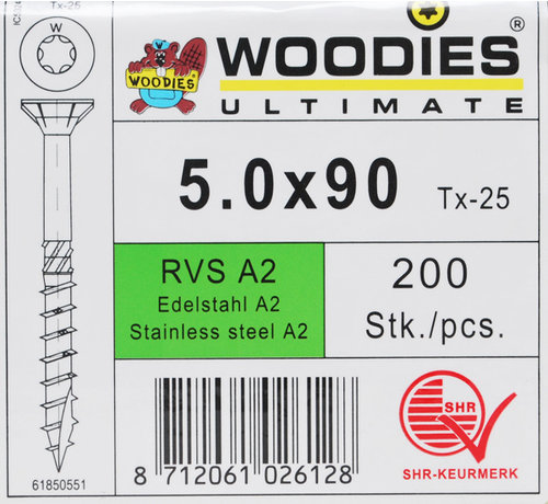 Woodies Ultimate Woodies schroeven 5.0x90 RVS A2 T-25 deeldraad 200 stuks