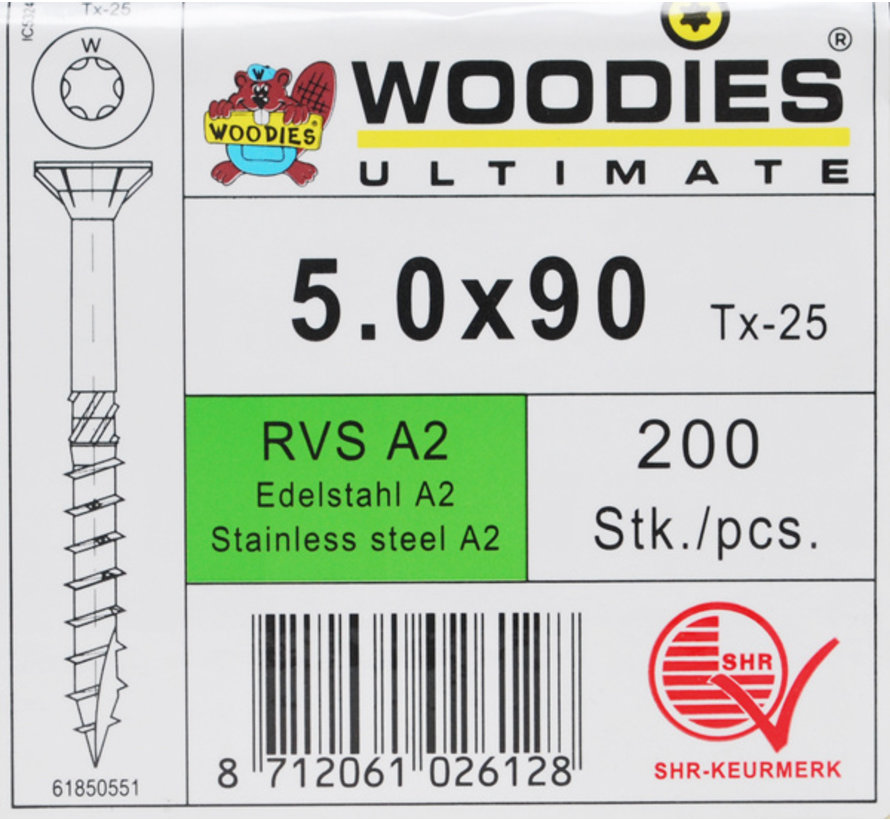 Woodies schroeven 5.0x90 RVS A2 T-25 deeldraad 200 stuks