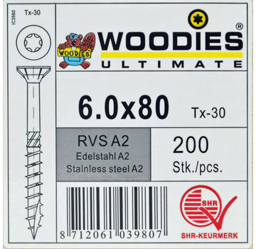 Woodies Ultimate Woodies schroeven 6.0x80 RVS A2 T-30 deeldraad 200 stuks