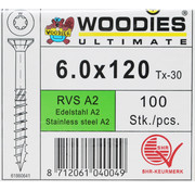 Woodies Ultimate Woodies schroeven 6.0x120 RVS A2 T-30 deeldraad 100 stuks