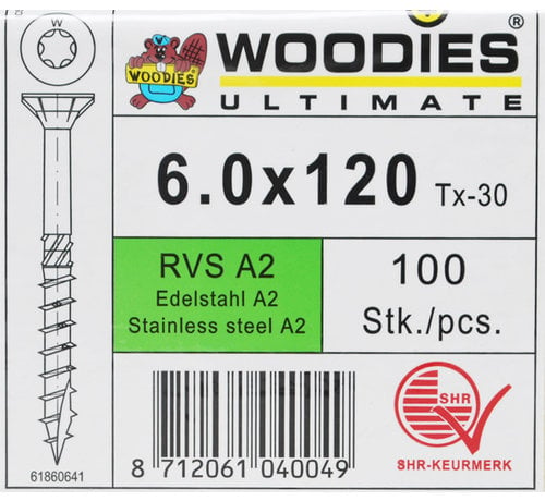 Woodies Ultimate Woodies schroeven 6.0x120 RVS A2 T-30 deeldraad 100 stuks