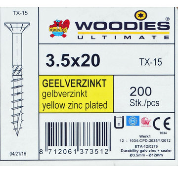 Woodies Ultimate Woodies Schroeven 3.5x20 Geelverzinkt T-15 deeldraad 200 stuks