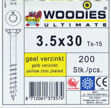 Woodies Ultimate Woodies schroeven 3.5x30 geelverzinkt T-15 deeldraad 200 stuks