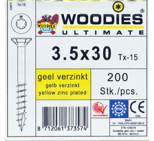 Woodies Ultimate Woodies schroeven 3.5x30 geelverzinkt T-15 deeldraad 200 stuks