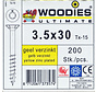 Woodies schroeven 3.5x30 geelverzinkt T-15 deeldraad 200 stuks